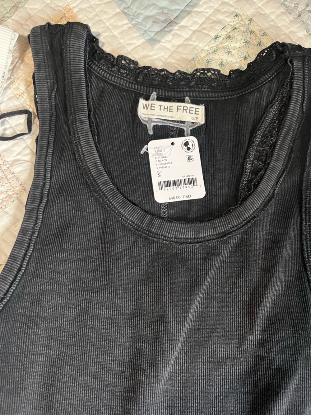 Free People Ribbed Lace-Trim Tank Tops — Cream & Black - Picture 3 of 3